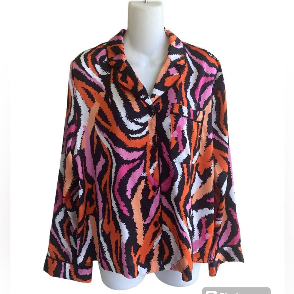 Diane Von Furstenberg Button Down Pajama Top Orange Black Swivel Disco Zebra New